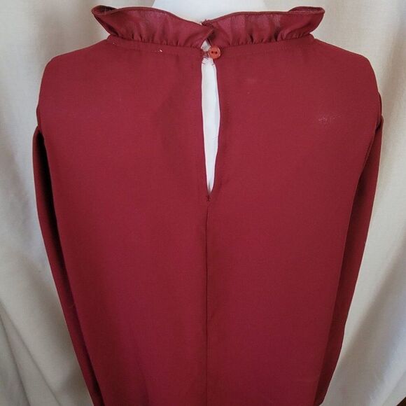 NEW Main Strip Boutique Blouse burgundy ruffle collar semi sheer Small & Large - Picture 5 of 13